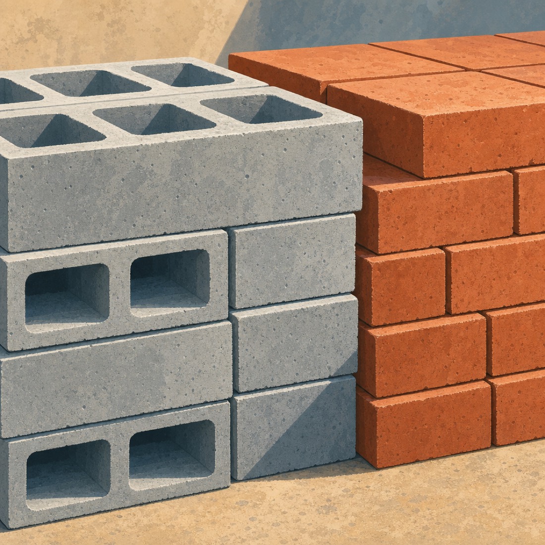 Blocks de concreto huecos apilados junto a ladrillos de barro rojo