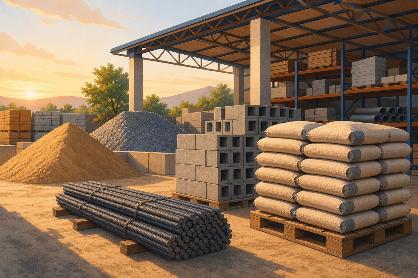 Patio de materiales de construcción ordenado: bultos de cemento, blocks, varilla, arena y grava en filas